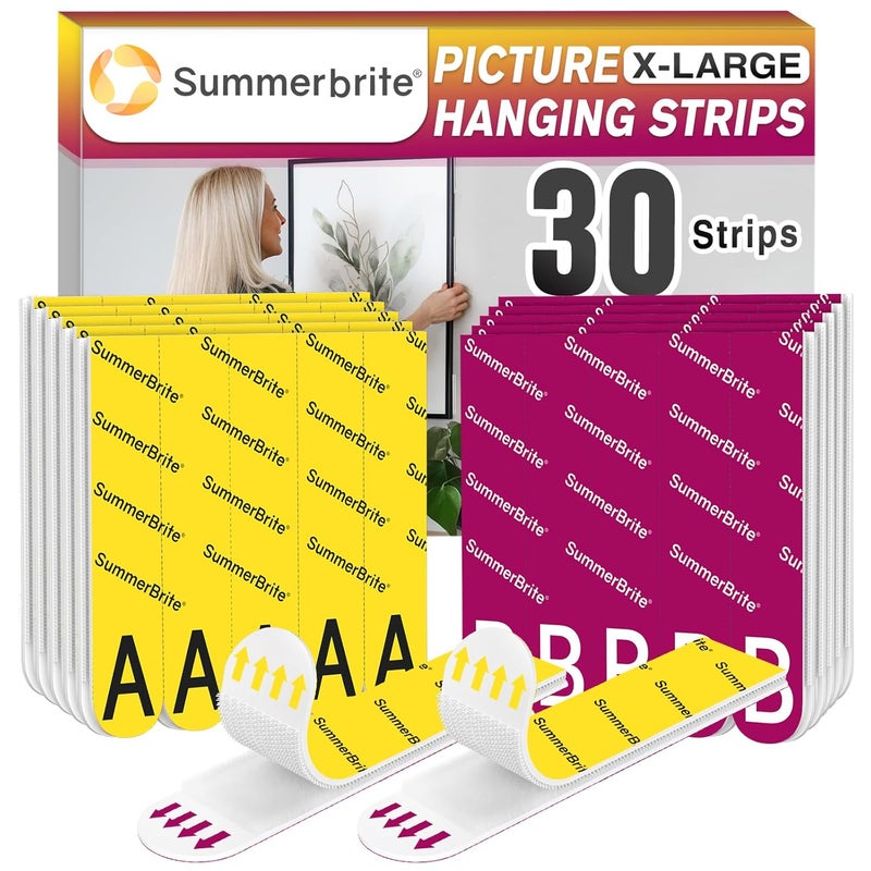 Summerbrite Picture Hanging Strips Heavy Duty XL 15 Pairs/30Strips, Damage Free Hanging Picture Hangers, Removable Adhesive Hook and Loop Wall Strips, Frame Stickers No Nails for Home Decor Wall Posters - Image 1
